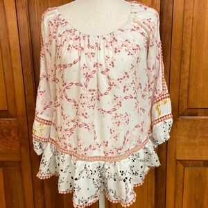 Fever Rayon Long-sleeved Cutout Boho Scoop Neck Ruffled Hem Popover Top S